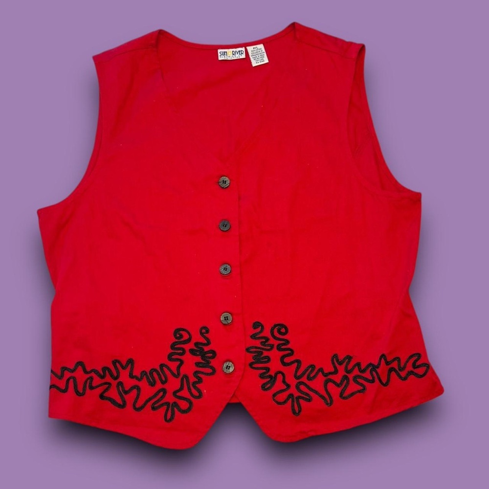 Vintage Red Embroidered Cotton Vest Size Petite Large Boho Cottagecore Hippie